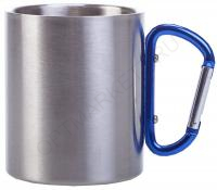 Кружка серебро металлическая с синей ручкой карабин, 150 мл. для сублимации